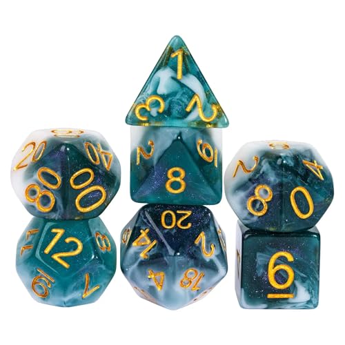 Cyan DND Dice 7PCS Glitter Polyhedral Dice Set for D&D Tabletop Game | Leather Storage Bag, DM Gift, for Dungeons and Dragons Role Playing Games - color: Glitter-white&cyan