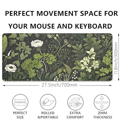 Sage Green Floral and Plant Desk Pad Mouse Pad,Large Gaming Mouse Mat with Stitched Edges,Non-Slip Waterproof Rubber Base Mous Mat for Office Computer Keyboard Laptop Home(27.5X11.8 in) - color: Botanical Art Nouveau