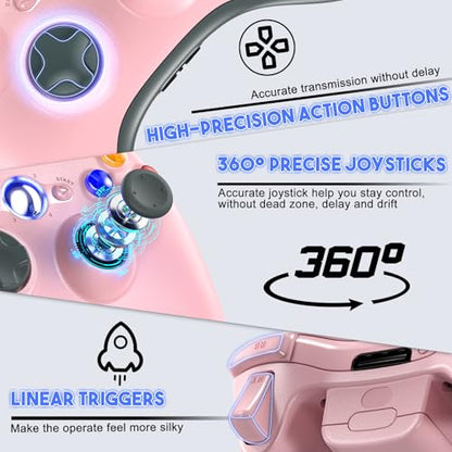 Gamrombo 2 Pack Replacement for Xbox 360 Controller, Wireless Controllers Gamepad Upgraded Joystick Compatible with 360 & Slim, Windows 11/10/8/7 PC Controller with Dual Shock, 2.5mm Audio Jack (Pink) [microsoft_xbox_360] - color: Pink+Pink
