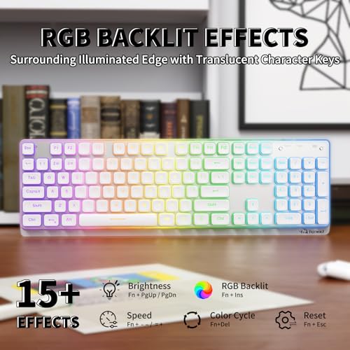 ZIYOU LANG M104 RGB Wireless Keyboard, Low-Profile Silent Membrane Keys, 2.4G Bluetooth USB Wired, Spill-Resistant, Rechargeable Full-Size 104-Key Keyboard for PC Mac, White - color: White