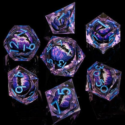 ARUOHHA DND Resin Dice Dragon Eye Dice Liquid Core Purple Sharp Edged Dice Set with Gift Box, Polyhedral D and D Dice Set Compatible with Dungeons Dragons Role Playing Game D20 D12 D10 D8 D6 - color: Ly02-purple