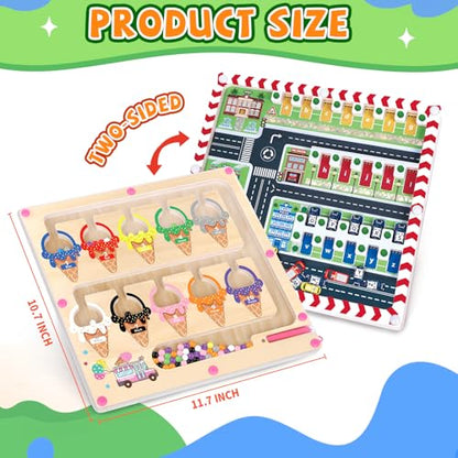 wakeInsa 2 in 1 Magnetic Color and Number Maze,Montessori Toy for 3-6 Years Old,Wooden Magnet Balls Puzzles,Toddler Busy Board Game,Preschool Learning Activities,Christmas & Birthday Gift for Kids - style: Magnet Toys - Ice Cream + Parking Lot