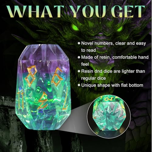 FONVGOGO Resin Dice Set, Dungeons and Dragons DND Dice with Box Polyhedral D and D Dice Set 7-Piece Role Playing Game RPG（Green and Gold） - color: S Green and Gold