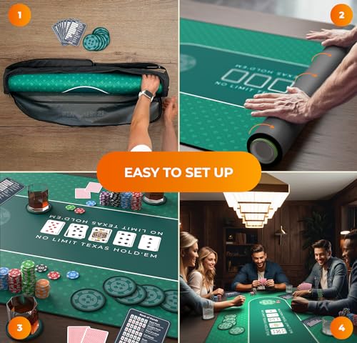 Newverest Poker Table Top 70" x 35", Texas Hold'em Poker Mat for Home Game Nights Up to 10 Players, Casino| Poker Topper Cloth for Tables in Zipper Storage Bag with 8 Coasters in Poker Gift-Ready Box - color: Green