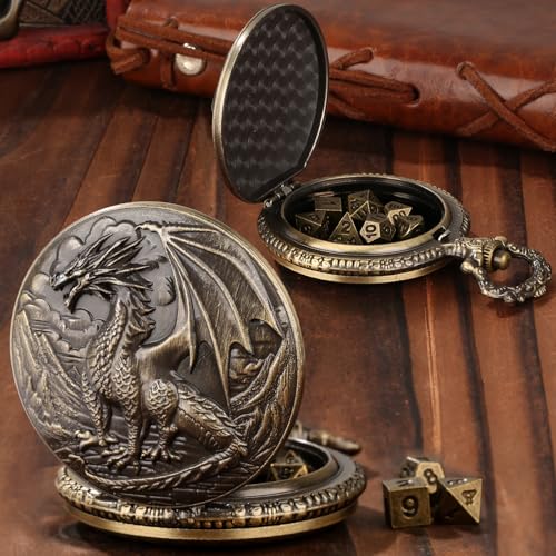 Mini DND Dice Set with Steampunk Dragon Pocket Watch Case, Tiny 7-Piece Polyhedral Metal D&D Dice, DND Gifts with Gift Box for DND Lovers, Role Playing Game Board Game Accessories Dice, Bronze - color: Bronze