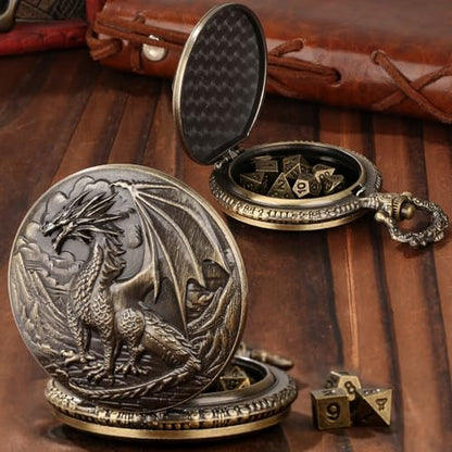 Mini DND Dice Set with Steampunk Dragon Pocket Watch Case, Tiny 7-Piece Polyhedral Metal D&D Dice, DND Gifts with Gift Box for DND Lovers, Role Playing Game Board Game Accessories Dice, Bronze - color: Bronze