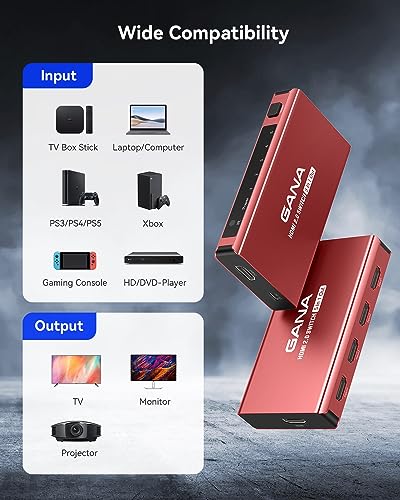 HDMI Switch 5 in 1 Out 4K@60Hz, GANA HDMI Splitter Switcher with Remote, Aluminum HDMI 2.0 Switch Box Hub for 3D, HDCP2.2, HDR, Compatible with Xbox, PS5/4/3,Fire Stick,Roku,Blu-Ray Player, Red - color: Red