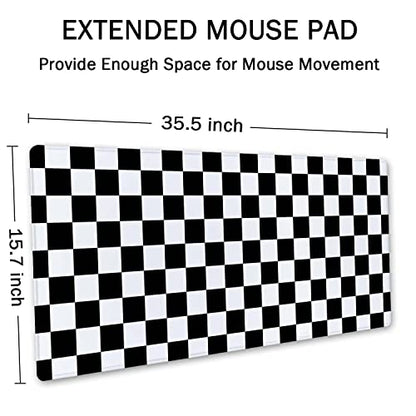 SSOIU Checkered Desk Mat Extended Gaming Mouse Pad (35.5x15.7 in), Large Stable Rubber Base Mousepad with Stitched Edges, Keyboard Mouse Mat Desk Pad for Work, Game, Office - Black White Checkerboard - color: Black and White Checkerboard