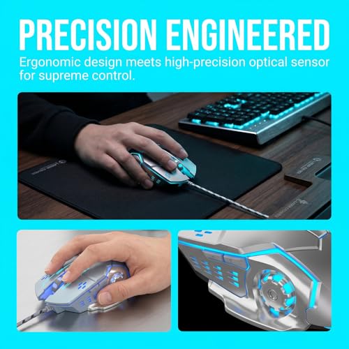 Gaming Mouse, 1600 DPI Wired Optical Mouse with 6 Programmable Buttons & Backlit Modes, Software Supports DIY Keybinds Rapid Fire Button Silver - color: Silver