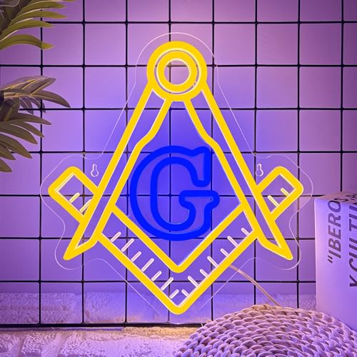 Mutank Masonic Neon Sign, USB Powered Dimmable LED Neon Light Symbolic Decor, for Brotherhood Historical Wall Game Room Study Man Cave Wall Decor, Gifts for Freemasons and Brothers(12.9 * 12.2 In) - color: Yellow+Blue