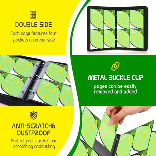 Trading Card Binder 4 Pocket,400 Pocket Card Collection Binder with 50 Removable Sleeves,PU Waterproof Top Card Book,3-Ring Zipper Collectible Trading Card Album for MTG/TCG/Card Holder Gift（Green） - color: Green, size: Small