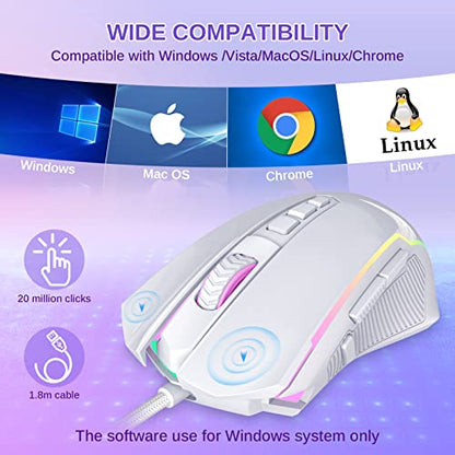 Redragon Gaming Mouse, Wired White Mouse with RGB Backlit, 8000 DPI Adjustable, PC Gaming Mice with 9 Programmable Macro Buttons & Fire Button, PC Gaming Mouse for Windows/Mac, White - color: white