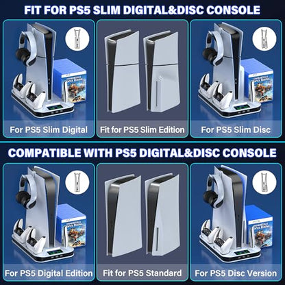 PS5 / PS5 Slim Cooling Station with Controller Charging Station for PlayStation 5 Console Disc/Digital, Cooling Stand for PlayStation 5 Slim with Cooler Fan Accessories with 3 USB Hubs/Headset Holder - color: White
