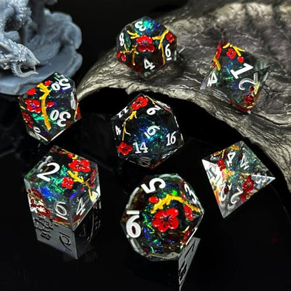 HAOMEJA Resin Flower Dice Set 7pcs/ Sharp Edged Polyhedral Dice/Apply to D&D/DND/RPG-MTG/Role Playing Table Game/Easter/Halloween Party Gift (Transparent Black) - color: 7 Transparent Black