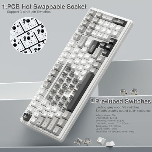 AULA F99 Wireless Mechanical Keyboard,Tri-Mode BT5.0/2.4GHz/USB-C Hot Swappable Custom Keyboard,Pre-lubed Linear Switches,RGB Backlit Computer Gaming Keyboards for PC/Tablet/PS/Xbox - color: Black&Grey&White