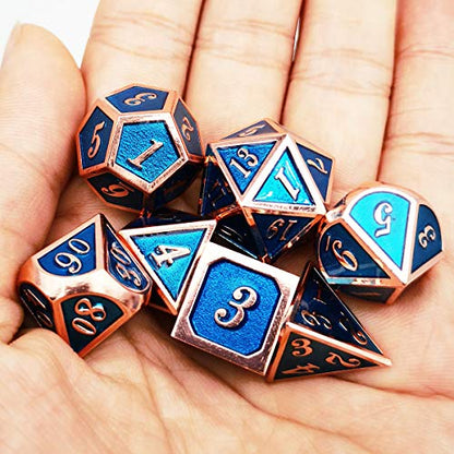 Haxtec Metal DND Dice Set Copper Blue Polyhedral Dice Compatible with Dungeons and Dragons TTRPG Metal Dice with Leather Dice Bag D&D Gifts for DND Lovers Players Masters - color: Copper Blue