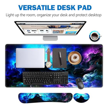 AIMSA Keyboard Mouse Pad Wrist Rest Set, Extended Desk Mat+ Ergonomic Mouse Pad with Wrist Rest+ Keyboard Wrist Support+ Coaster, 35x15.7in Large Mousepad for Home Office, Nebula Galaxy - color: Gorgeous Nebula Galaxy