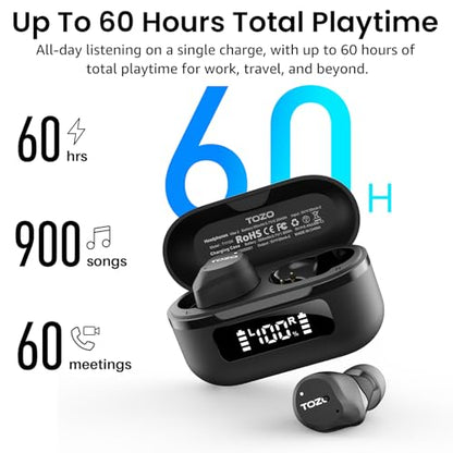 TOZO NC9 Hybrid Active Noise Cancelling Wireless Earbuds, 60H, LED Display | 6 Mic ENC Clear Calls, Deep Bass Sound, IPX8 Waterproof, in Ear Bluetooth 5.3 Headphones,32 EQs via APP, Comfort Fit Ear Buds - color: Dark Black