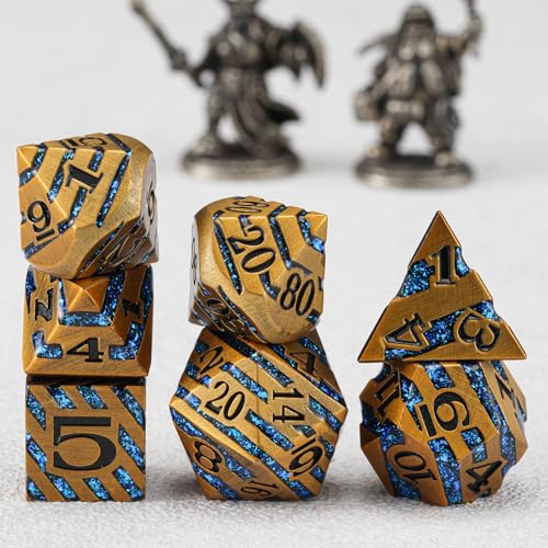 Premium Inlay Metal Dice Set, Heavy Zinc Alloy DND Dice for Serious RPG Players - color: Ancient Gold+blue