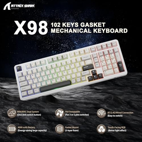 ATTACK SHARK X98 Wireless Mechanical Keyboard,Tri-Mode BT5.0/2.4GHz/USB-C Hot-Swappable,Gasket Mount with Pre-lubed Linear Switches,PBT Keycaps,RGB Backlit Gaming Keyboard for PC/Tablet/PS5/Xbox - color: Starlight White