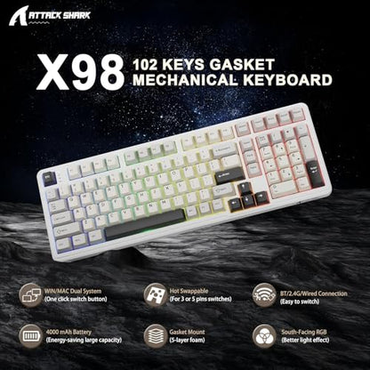 ATTACK SHARK X98 Wireless Mechanical Keyboard,Tri-Mode BT5.0/2.4GHz/USB-C Hot-Swappable,Gasket Mount with Pre-lubed Linear Switches,PBT Keycaps,RGB Backlit Gaming Keyboard for PC/Tablet/PS5/Xbox - color: Starlight White