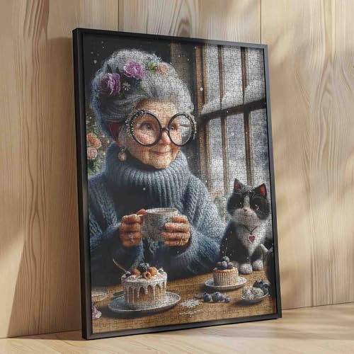 White Haired Old Woman and Cat Jigsaw Puzzle 1000 Piece for Adult Grandma Wearing a Sweater Snow Animal Dessert Challenging for Family or Friend Game 19.7 x 27.6 Inch - color: Old Woman-a22
