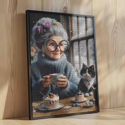 White Haired Old Woman and Cat Jigsaw Puzzle 1000 Piece for Adult Grandma Wearing a Sweater Snow Animal Dessert Challenging for Family or Friend Game 19.7 x 27.6 Inch - color: Old Woman-a22