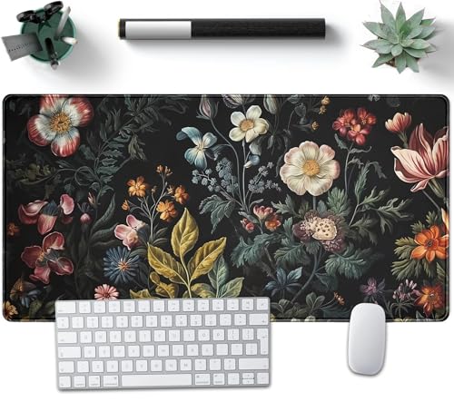Floral Desk Mat Dark Academia Vintage Aesthetic Desk Pad Flower Plant Large Gaming Mousepad Black Extended Mouse Pad XXL Laptop Computer Mouse Keyboard Mat 31.5 x 15.7 Office Desk Decor - color: A3- Cottagecore Floral
