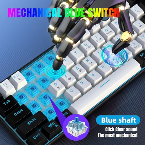 Snpurdiri 60% Wired Mechanical Gaming Keyboard (Black-White, Blue Switches) | Ice Blue LED Backlit 61 Keys Mini Wired Office Keyboard for Windows Laptop PC Mac - color: Black White(Ice Blue Light)/Blue Switch