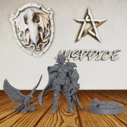 AUSPDICE Heroic 28mm Unpainted DND Miniature, Falconer Ward Paladin AS367 | Female Fantasy Figure with Falcon, Sword and Shield for Dungeons and Dragons, TTRPG, Tabletop RPG Games and Dungeon Masters