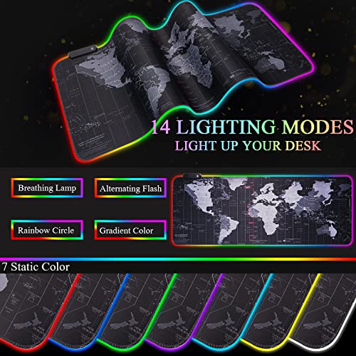 RGB Gaming Mouse Pad, Extra Large Gaming Mouse Mat for Gamer, Waterproof Office Desktop Mat with 14 Lighting Mode, Waterproof Desk Pad for PC Computer,Office (Map)
