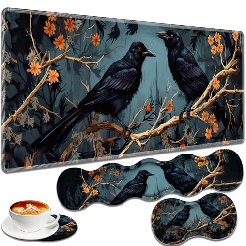 Large Gaming Mouse Pad + Keyboard Wrist Rest + Wrist Support + Coaster Set, Memory Foam Ergonomic for Easy Typing, XXL Extended Gaming Mouse Pad Table Pad - Branch Crow - color: Branch Crow