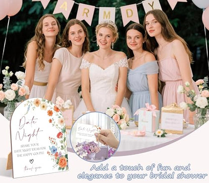 51 Pc Wildflower Date Night Ideas Game, Boho Flowers Bridal Shower Game, 6x8 Inch Arch Wooden Sign with Stand and 50 Date Night Cards, Wedding Shower Decor - YHZ03 - color: Wildflower03
