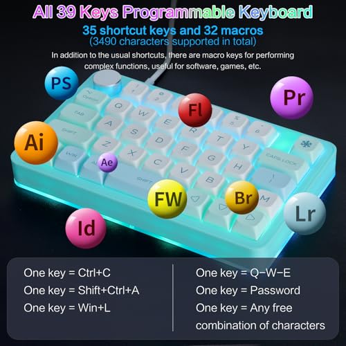 Koolertron Single-Handed Macro Mechanical Keyboard, RGB LED Backlit Portable Mini One-Handed Mechanical Gaming Keypad 39 Fully Programmable Keys (39 Keyboard Blue) - style: 39 Keyboard Blue
