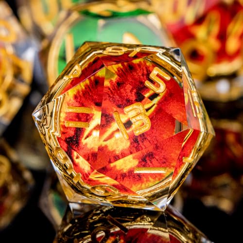 Magic Golden Ring DND Dice Set Sharp Edge Red Gaze Eye Resin Dice with Box, for use with RPG D&D Tabletop Games Lord D and D Polyhedral Dice Set - color: Ring -Eye-golden Numbers