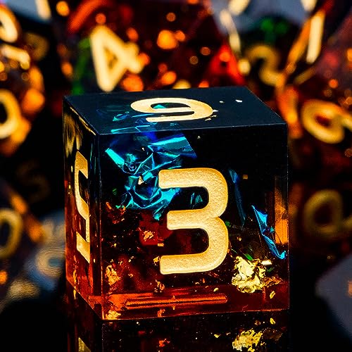ARUOHHA DND Resin Dice Set 7Pcs Handmade Glitter Inclusions Sharp Edge Dragons Dice with Box, Role Playing Game RPG Lightning Polyhedral Dungeons D and D Dice Set - color: Orange Green