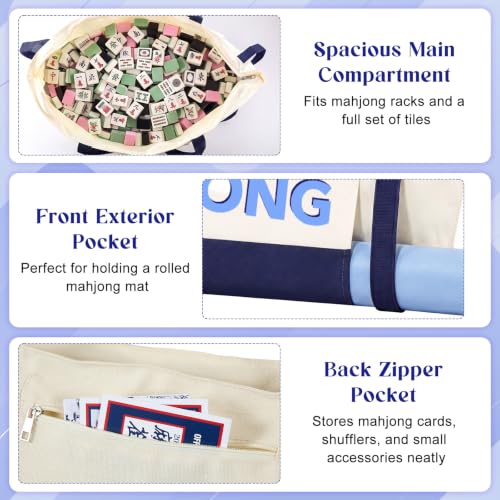 Abbylike 28x9 Inches Mahjong Bag for Rolled Mat Tiles Racks Pushers Accessories Empty Mahjong Tote Bag with Zipper Closure Outer Pockets Lining Large Capacity(Beige&Navy Blue,Canvas) - color: Beige&navy Blue