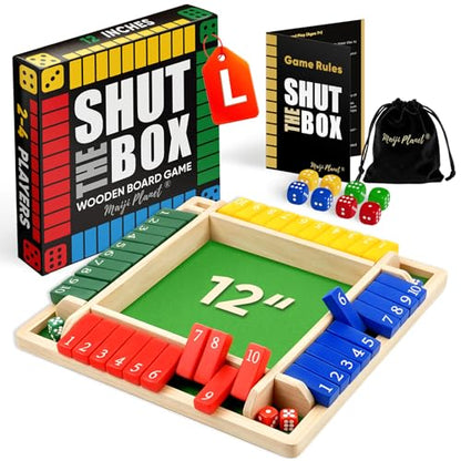 12" Upgraded Shut The Box Game Wooden Math Dice Board Game 2-4 Players | Table Games for Family Night Classroom Travel, Gifts for Group Kid Adult Senior, Camp Party Bar, Easy Quick and Fun - size: 12in