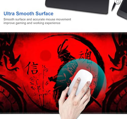 IMAYONDIA Japanese Samurai Large Gaming Mouse Pad for Laptop, Cool Anime Red Black Dragon Desk Mats, Computer Pad Desktop Mat for Gaming Player Office Extra Large Mousepad, 35.4x15.7 in - color: Japanese Samurai