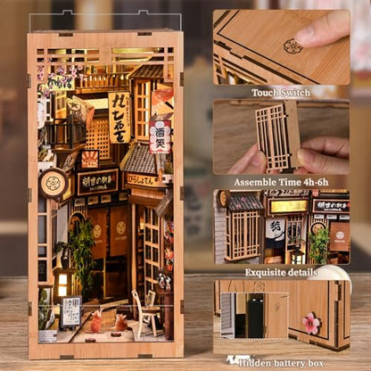 Book Nook Kit - DIY Miniature Dollhouse Kit, Japanese Style 3D Wooden Puzzle with LED Lights for Adults and Teens, Tiny House Bookshelf Decor, Gifts for Family and Friends - style: Alley of Awaiting Cats