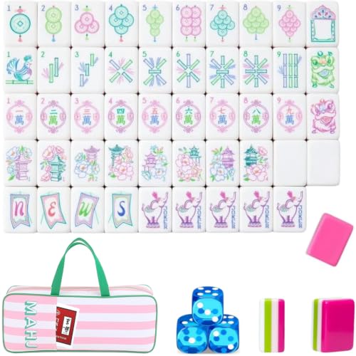 4 Layer Mahjong Tiles, 2026 Premium 160 Pcs Acrylic American Mahjong Tiles Set with Dice, Engraved Four Layer Mahjong Tile with Exquisite Carrying Bag, Home Trips Social Game (Pink Elephant) - color: Pink Elephant