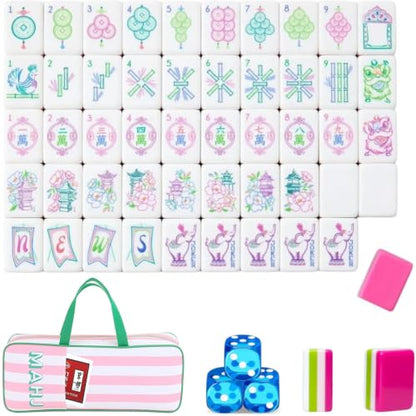 4 Layer Mahjong Tiles, 2026 Premium 160 Pcs Acrylic American Mahjong Tiles Set with Dice, Engraved Four Layer Mahjong Tile with Exquisite Carrying Bag, Home Trips Social Game (Pink Elephant) - color: Pink Elephant