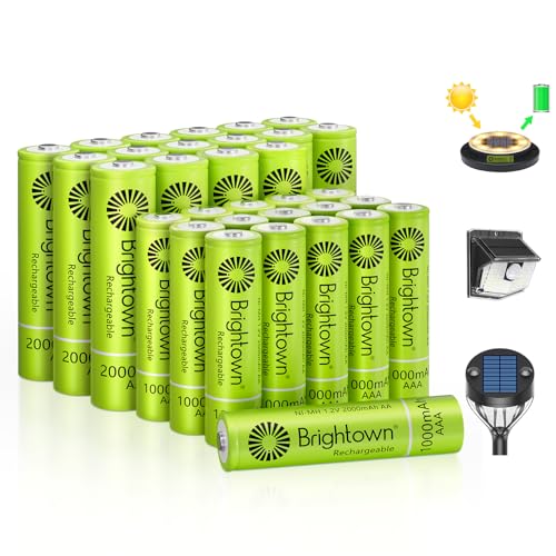 Brightown 16 Pack AA 2000mAh and 16 Pack AAA 1000mAh Rechargeable Batteries Combo - 1.2V NiMH High Capacity Battery - Ideal for Solar Lights & Home Devices, Recharge up to 1000x Times, Pre-Charged - size: 16PC AA 2000mAh + 16PC AAA 1000mAh
