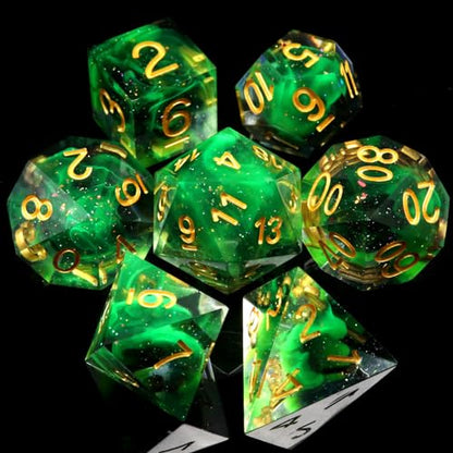 Haxtec Glitter DND Dice Set Sharp Edge Dice with Dice Case Handmade Green Resin D&D Dice Set for TTRPGs Compatible with Dungeons and Dragons Gifts - color: Green Black Gold