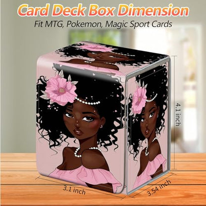 Card Deck Box, Card Storage Box Fits 100+ Single Sleeved Cards, Large Capacity PU Leather Card Storage Box with Strong Magnet for Magic Commander TCG CCG, African American Afro Women - color: African American Afro Women