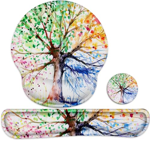 Lateefah Ergonomic Mouse Pad with Wrist Rest and Keyboard Wrist Rest Set | Non-Slip Memory Foam Wrist Rest for Computer Keyboard, Easy Typing, Pain Relief, Mousepad Wrist Support for Home Office Game - color: Tree Seasons