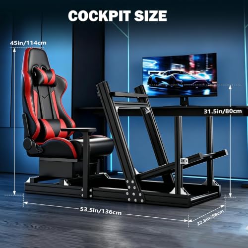 Anman Aluminum Racing Simulator Cockpit with Red Seat | 8040 Aluminum Profiles, Fit for Fanatec/Moza/Logitech/Thrustmaster, Direct Drive Steering Wheel Compatible
