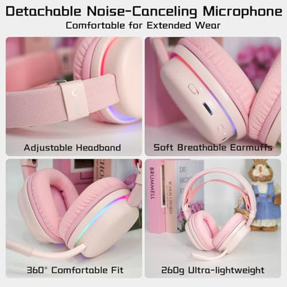 G7 Wireless Gaming Headset, Surround Sound 10ms Low Latency, PC Headset with Detachable Noise Canceling Mic, 40mm Driver, Tri-Mode 2.4G/BT5.2/Wired, Over Ear Headphone for PS5,PS4,Switch - color: Pink