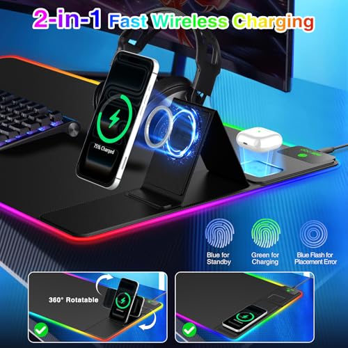 RGB Gaming Mouse Pad with Magnetic Wireless Charging & Foldable Phone Stand | 31.5"x15.8" XXL Large LED Mousepad with Stitched Edges, Ultra-Smooth Waterproof Surface, 25 Lighting Effects, Non-Slip Base - color: RGB-Magnetic Stand-31.5"x15.8"-Right