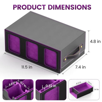 MTG Card Storage Box-Massive 3600+Leather Magnetic Deck Box w/Commander Display | Includes: 6 Toploaders, 4 Dividers, 2 Stoppers, 1 Dice Tray | for TCG & Sports Cards (Black Purple)